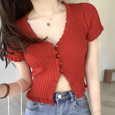 Ruffled%20Rib%20Knit%20Cardigan%20Short%20Sleeve%20Crop%20Top%20Y2K%2090s%20Button-up%20Fitted%20Shirt%20Women%20Teen-girl%20Spring%20Summer%202026%20-%20Image%203