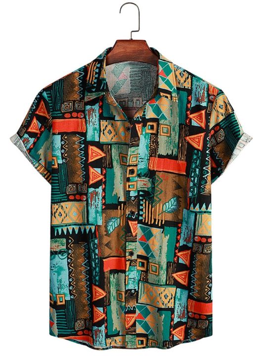 2024 Men's Fashion Retro Printed Short sleeved Shirt Men's Hawaiian Printed Shirt