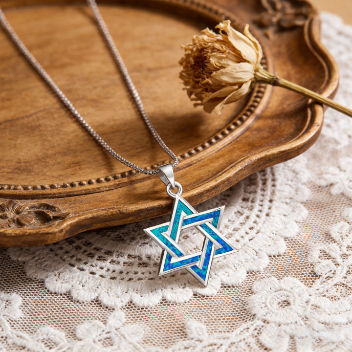 Blue%20Fire%20Opal%20Star%20of%20David%20Pendant%20Necklace,White%20K%20Plated%20Jewish%20Jewelry,Unisex%20Judaica%20,Healing%20Crystal%20Choker%20%20for%20-%20Image%204
