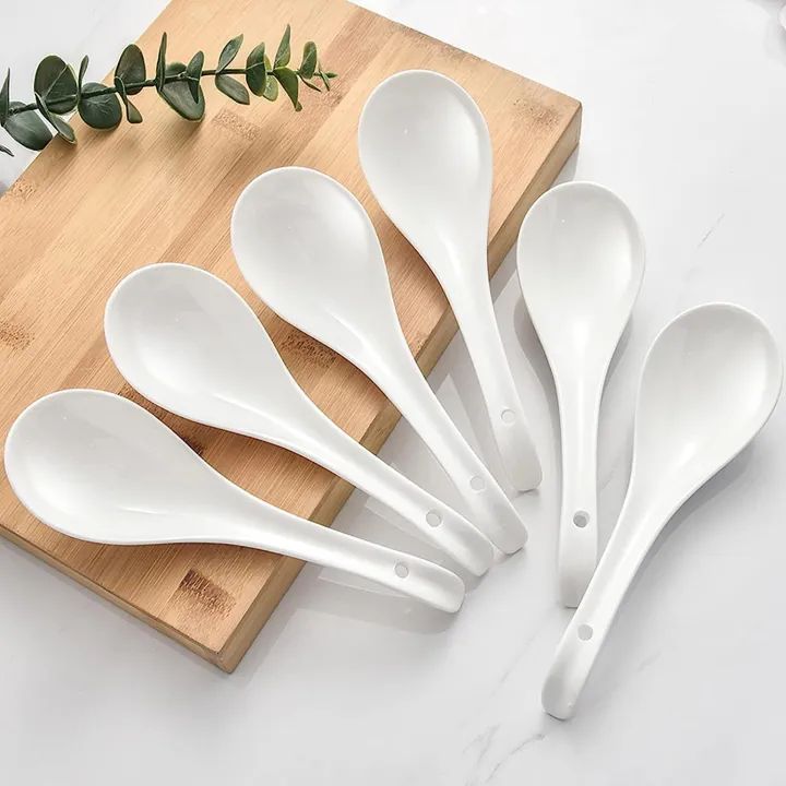 6 pcs Plain White Ceramic Spoon (6 pcs) Kis Soup Spoon, Korean Chinese Rice Scoop Ice Cream Ladle, Porcelain Dinner Spoon - Minimalistic Sophistication