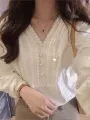Women's Cotton Long Lantern Sleeve Blouse, White Tops, Office Lady, Elegant, Spring, Summer, V-neck, Fashion 8225. 