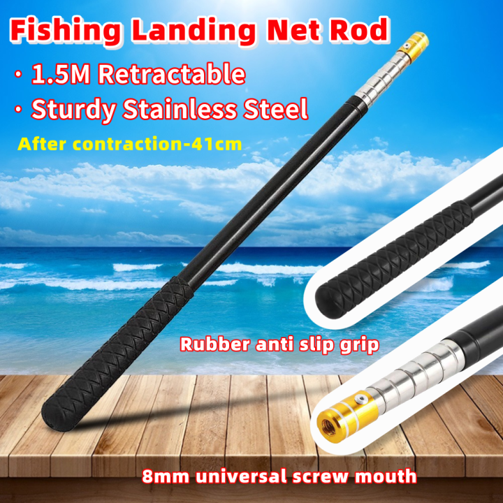 Fish Nethandle Spring Release Button Retractable Telescopic Landing Net Handle Stainless Steel Fishing Rod ...