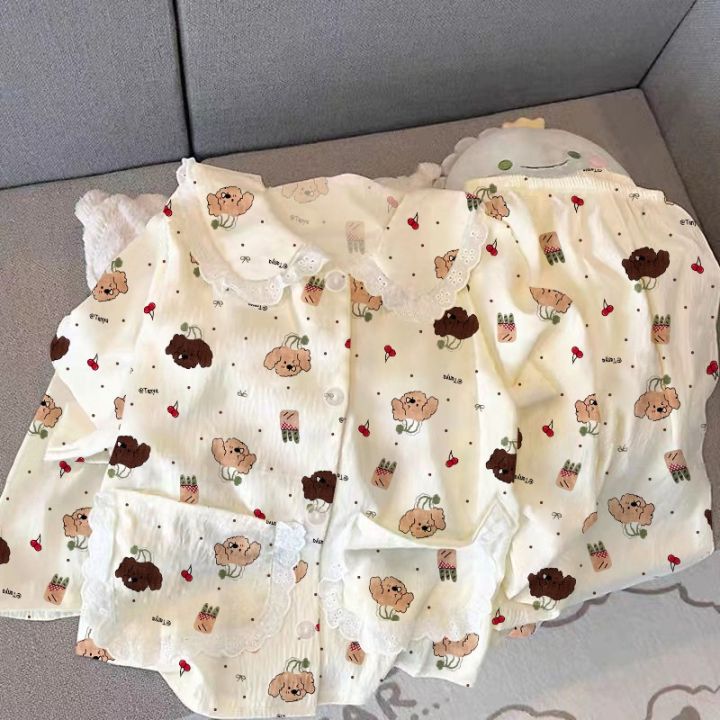 Sweet%20Cute%20Flower%20Dog%20Print%202PC%20Women's%20Pajamas%20Set%20Lapel%20Neck%20Lace%20Autumn%20Winter%20New%20Sleepwear%20Korean%20Casual%20Kawaii%20Loungewear%20-%20Image%204