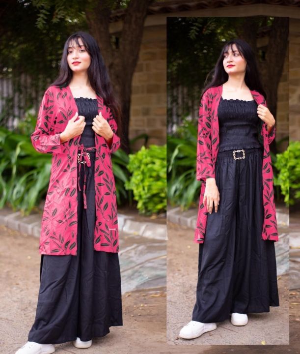 3pc Printed Coat Style Dress for Women and Girls, Stitched, Belt Flapper, High-Quality Boski Lilan Material