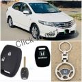 Combo Of Silicon Key Cover And Keychain For Honda City 2009 - 2020 So on...... 