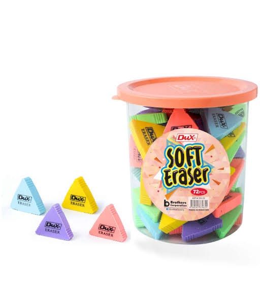 Dx 55 dux triangle eraser 72 pcs jar different colur Made of soft non-toxic synthetic rubber.

Superb quality for soft, smooth and accurate erasing.

These erasers are suitable for removing strokes from most graphite lead pencils on all kind of surfaces