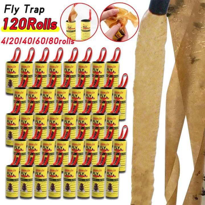 120-4Rolls Fly Sticky Paper Strong Glue Strip For Flies Paper Strips ...
