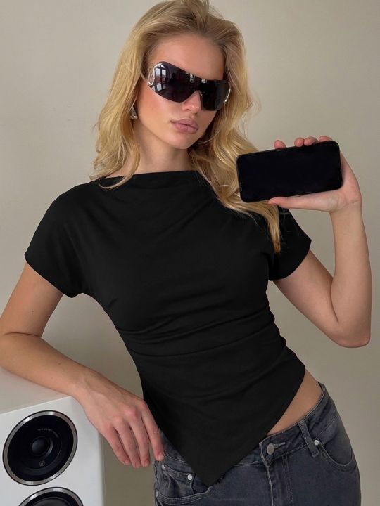Dulzura%20O-Neck%20Short%20Sleeve%20Ruched%20Slim%20Irregular%20T-Shirt%20Women'S%20Casual%20Versatile%20Y2K%20Top%20Party%20Club%20Street%20Style%20Summer%20Outfit%20-%20Image%202