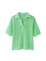 Women Fashion Pointelle Knit Loose Sweater Polo Collar Short Sleeve Female Pullovers Chic Tops. 