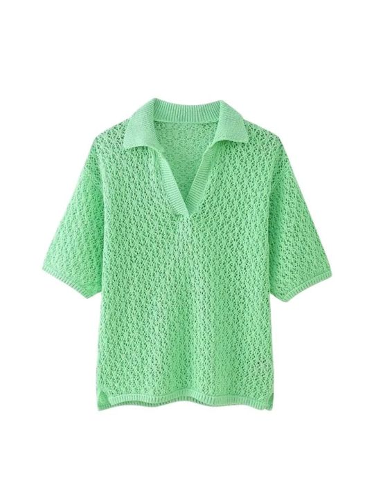 Women%20Fashion%20Pointelle%20Knit%20Loose%20Sweater%20Polo%20Collar%20Short%20Sleeve%20Female%20Pullovers%20Chic%20Tops%20-%20Image%204