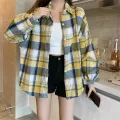 Women Tartan Shirt Long Sleeve Collared Button Up Oversized Plaid Shirt Jacket Grunge Fashion Teenage Girl Spring Summer Outfit. 