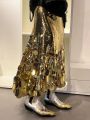 Women's Plus Size Formal Skirts Elegant Gold Long Sequin Party Club Evening High Waist Skirts Female Casual Cocktail Skirts. 