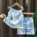 Kids Girls spaghetti strap dress 2 piece set floral off shoulder drawstring top with shorts. 
