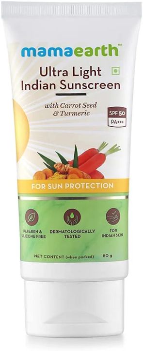Ultra Light Natural Sunscreen Lotion SPF 50 PA+++ For Indian Skin, With Turmeric & Carrot Seed, 80ml BY MAMAEARTH