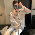 French High Sense of Sleepwear Women Spring and Fall New Simple Polka Dot Long-Sleeved Long Pants Ice Silk Homewear Fashion Suit. 