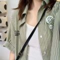 Mai Lang short-sleeved shirt, light green striped striped casual shirt, Korean style, simple match, match many looks, many styles, fabrics, comfortable to wear, not uncomfortable, ready to deliver. 