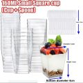 Transparent Square Plastic Dessert Cups with Spoons Reusable Parfait Appetizer Mini Party Shot Glasses for Tasting Treats.