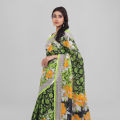 Bright Orange & White Floral Print on Olive Green Body | Digital Printed Saree | Contrast Aanchal & Border. 