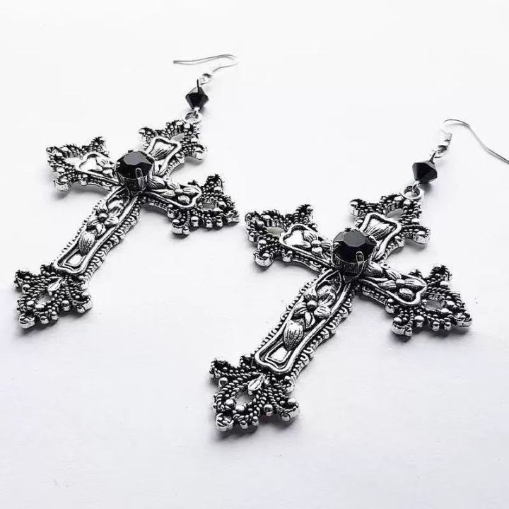 Punk Dazzle Goth detail Crucifix Black Zircon Jewelry Earrings Silver jewelry stylish gorgeous women's classic gift