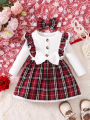 Baby girl's new fashionable plaid patchwork groove lace design bow dress and headband. 