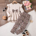 Spring Autumn Girls Cute Fashion Casual Clothing Apricot Knitted Ruffle Long Sleeve Top+Cartoon Full Print Elastic Waist Casual Pants Set. 