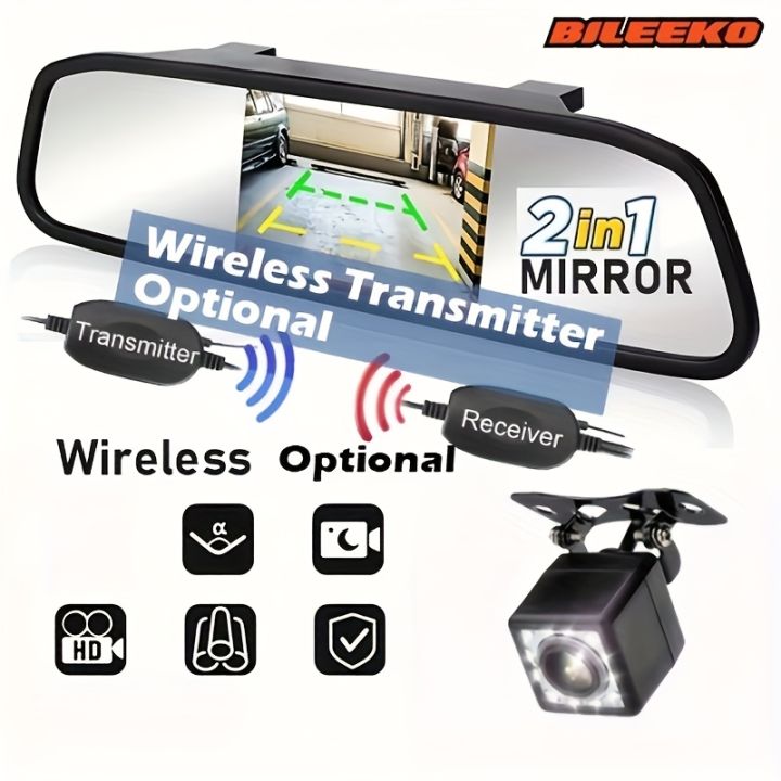 2-in-1 Car Reversing Mirror with Wireless Transmitter - LED Night ...