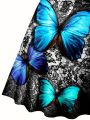 European and American Fashion Plus Size Women's Spring and Summer New Butterfly Print V-Neck Dress Sleeveless A-Line Camisole Dr.