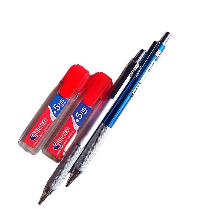 2 piecesmetallic mechanical pencil 0.5mm with 2 tubes of leads refills