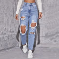 American Retro Hole-punched Jeans Women High Waist Straight-crotch Loose Slim Design High-street Vibe Wide-legged Dragging Pants. 