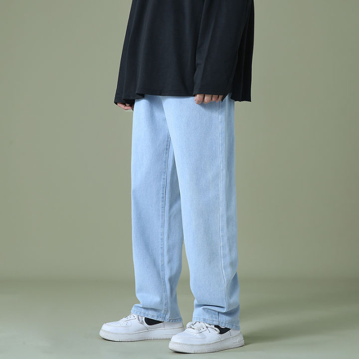 New Autumn Men Denim Wide-leg Pants Korean Style Straight Light Blue Baggy Jeans Elastic Waist Student Trousers Male Black Gray