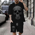 Summer New Casual Men's Skull Print T-Shirt Set Fashion Streetwear Tees Loose Oversized Breathable Soft Short Sleeves And Shorts. 