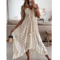 Summer New Lace Sling Big Swing Solid Color Long Skirt Dress Spring V-neck Sleeveless Beach Dresses Casual Chain Link Dress. 