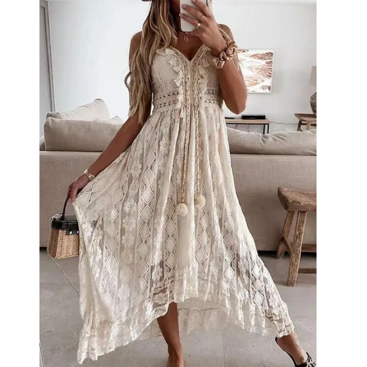 Summer%20New%20Lace%20Sling%20Big%20Swing%20Solid%20Color%20Long%20Skirt%20Dress%20Spring%20V-neck%20Sleeveless%20Beach%20Dresses%20Casual%20Chain%20Link%20Dress%20-%20Image%206