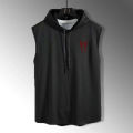 Summer Hooded Sweatshirt New Men's Sleeveless Loose T-Shirt Solid Color Lightweight Hooded Sweatshirt Fitness Breathable Collar. 