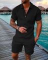 Men's Athletic T-Shirt Set Casual Mesh Lapel Short Sleeve Pullover Tops+Shorts 2-Piece Solid Thin Sporty Suits Black 2pcs Sets.