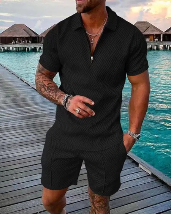 Men's%20Athletic%20T-Shirt%20Set%20Casual%20Mesh%20Lapel%20Short%20Sleeve%20Pullover%20Tops+Shorts%202-Piece%20Solid%20Thin%20Sporty%20Suits%20Black%202pcs%20Sets%20-%20Image%202