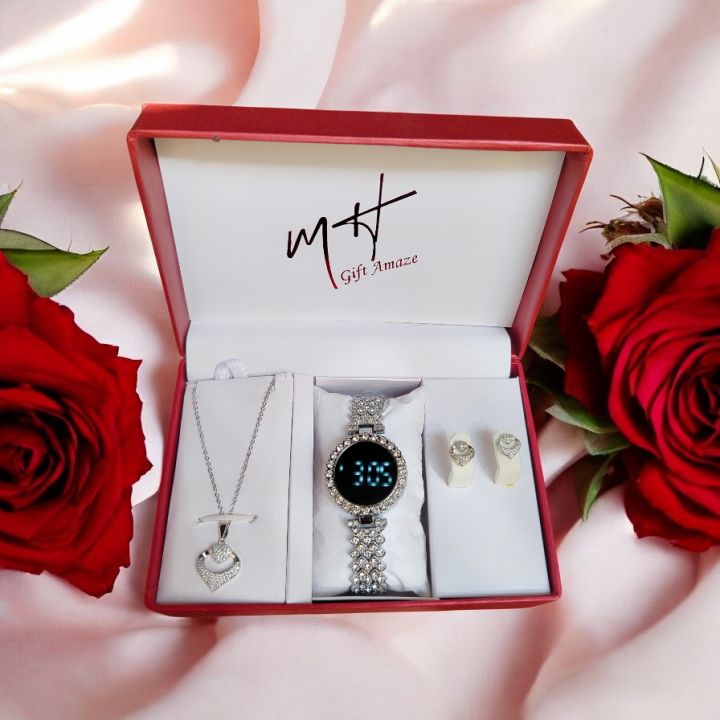 4PCS/Set Women's Watch Fashion Rhinestone Stainless Steel Band Digital Watch with Jewelry Set(Without Box)