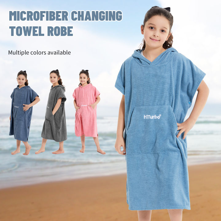 Hiturbo Kids Swimming Hooded Towel Surf Poncho Changing Robe, Quick Dry Microfiber Changing Towel with Pocket and Hood