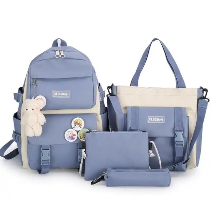 4pcs Girls College Backpack Nylon with Multiple Compartments Adjustable Straps