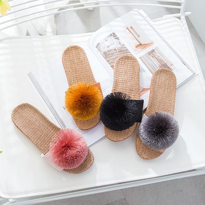 Linen%20Platform%20Slippers%20Women%20Home%20Hairball%20Designer%20Shoes%20Girls%20Fashion%20Casual%20House%20Elegant%20Slippers%20Flats%20Open%20Toe%20Indoor%20-%20Image%203