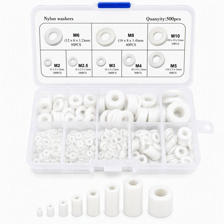 500%20Pcs%20Mixed%20Sizes%20M2-M10%20Black%20&%20White%20Nylon%20Flat%20Washers%20Insulating%20Gaskets%20for%20Screws%20And%20Bolts%20Kit%20-%20Image%203