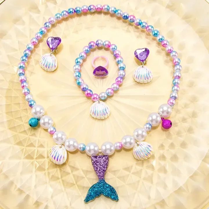 5pcs Girls Jewelry Sets Mermaid Pearl Necklace Bracelet Ring Earring Set Kids Toy Children Princess Dress Up Fashion Accessories