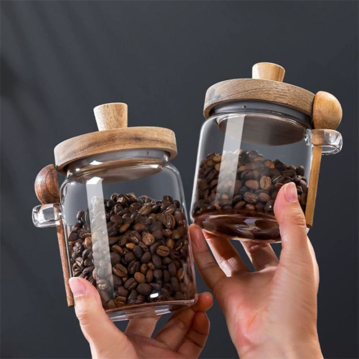 Coffee Bean Storage Jar Glass Sealed Containers Grains Jar with Wood Spoon Clear Spice Jars Kitchen Moisture-proof Storage Tank