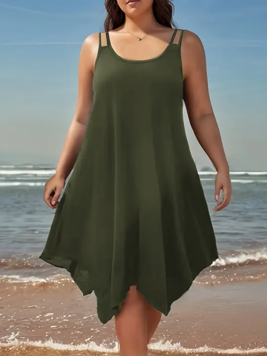 Large%20women's%20solid%20color%20asymmetrical%20hem%20camisole%20dress%20-%20Image%202
