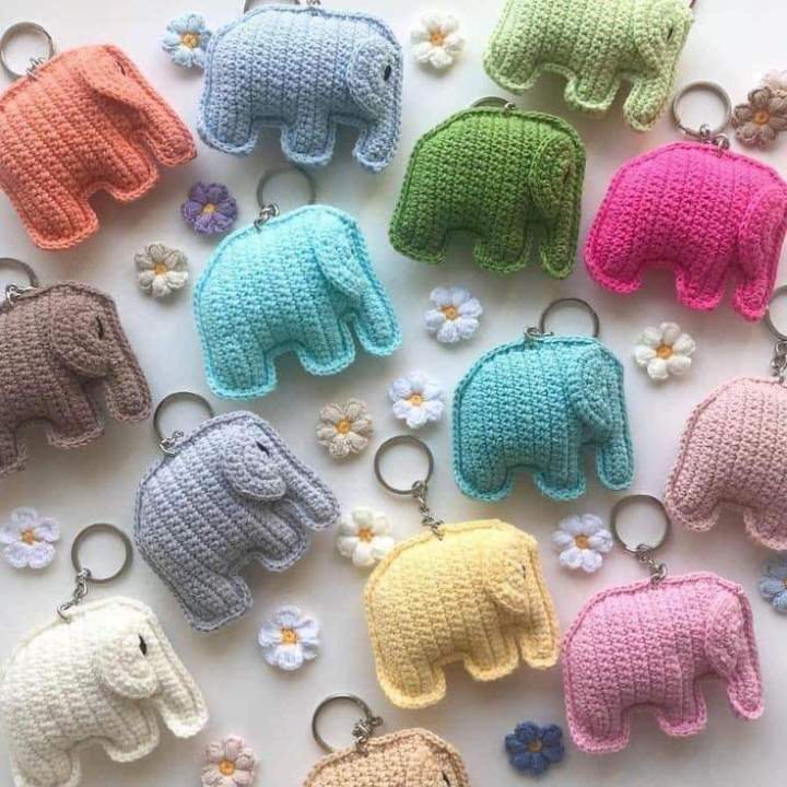 Hand made Crochet Elephant shape keychain with no eyes.