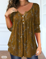 Plus Size Women's Spring and Autumn Long Sleeve Random Plant Print Button T-Shirt. 