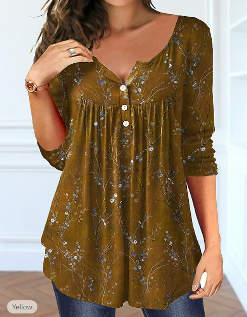 Plus%20Size%20Women's%20Spring%20and%20Autumn%20Long%20Sleeve%20Random%20Plant%20Print%20Button%20T-Shirt%20-%20Image%203