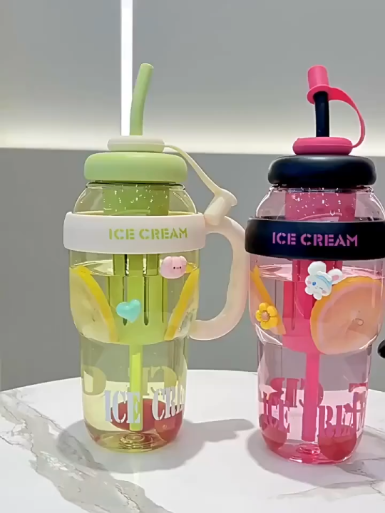 1300ML Large Capacity Detox Water Bottle with Straw for Girls  Leakproof Plastic Sports & Gym Mug  Cute Portable Tumbler for Summer, Travel, Fitness, Kids & Milk Tea