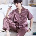 New Ice Silk Pajamas, Men's Summer Short-Sleeved Trousers, Thin High-End Simulated Silk Plus-Size Loose Loungewear Two-Piece Set.