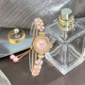 Double-Row Pearl Pull-Open Bracelet Diamond-Encrusted Case Arabic Numeral Scale Ladies Quartz Watch. 